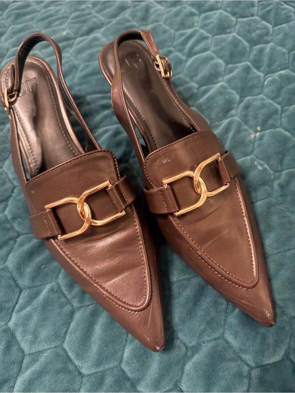 JF Just Fab Women's Brown Pointed-Toe Slingback Loafers with Gold Accent 8.5